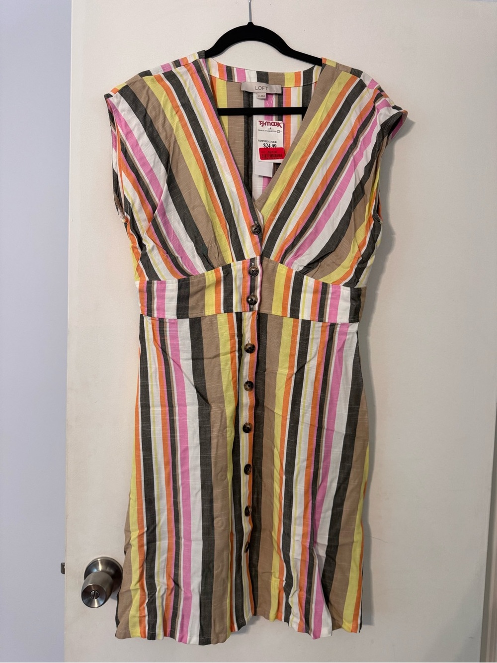 LOFT Striped Button-Front Midi Dress in Yellow, Pink, Brown, Cream, White